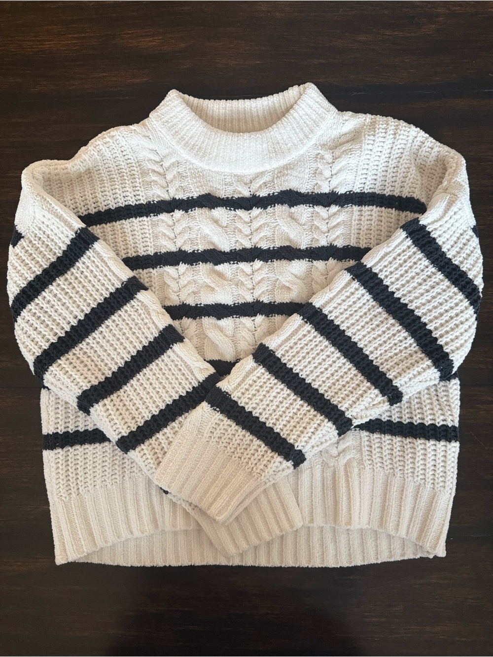 abercrombie kids Cream & Black Striped Cable Mockneck Sweater